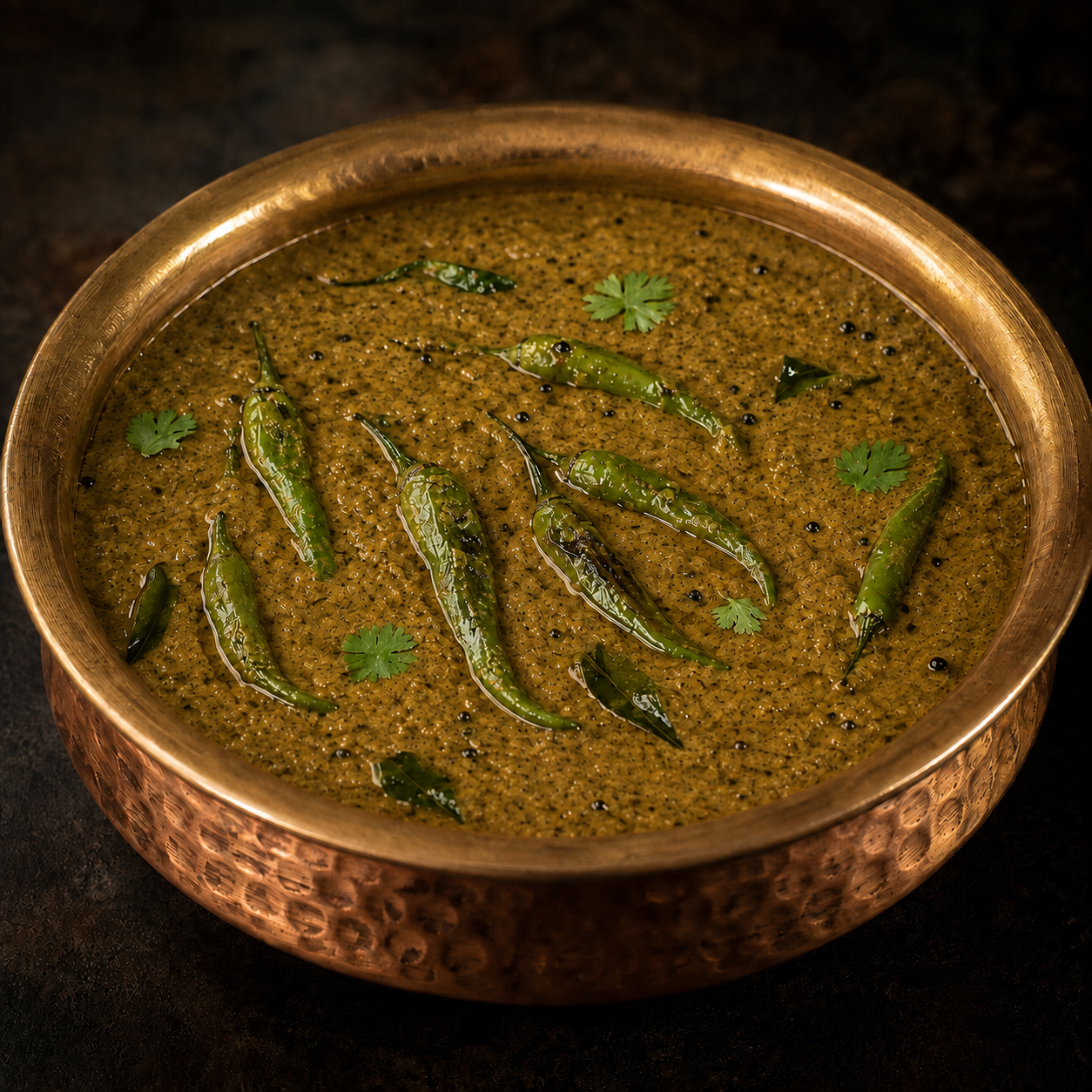 Mirchi ka salan with green chillies in a traditional copper bowl