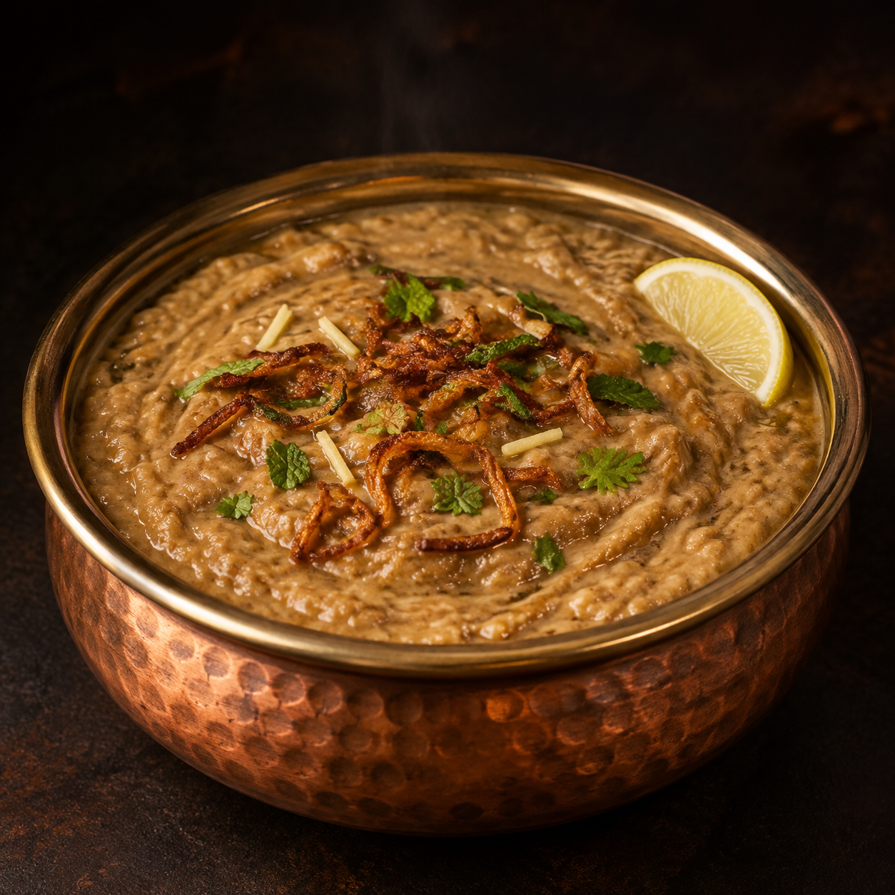 Hyderabadi mutton haleem garnished with fried onions, herbs and lemon